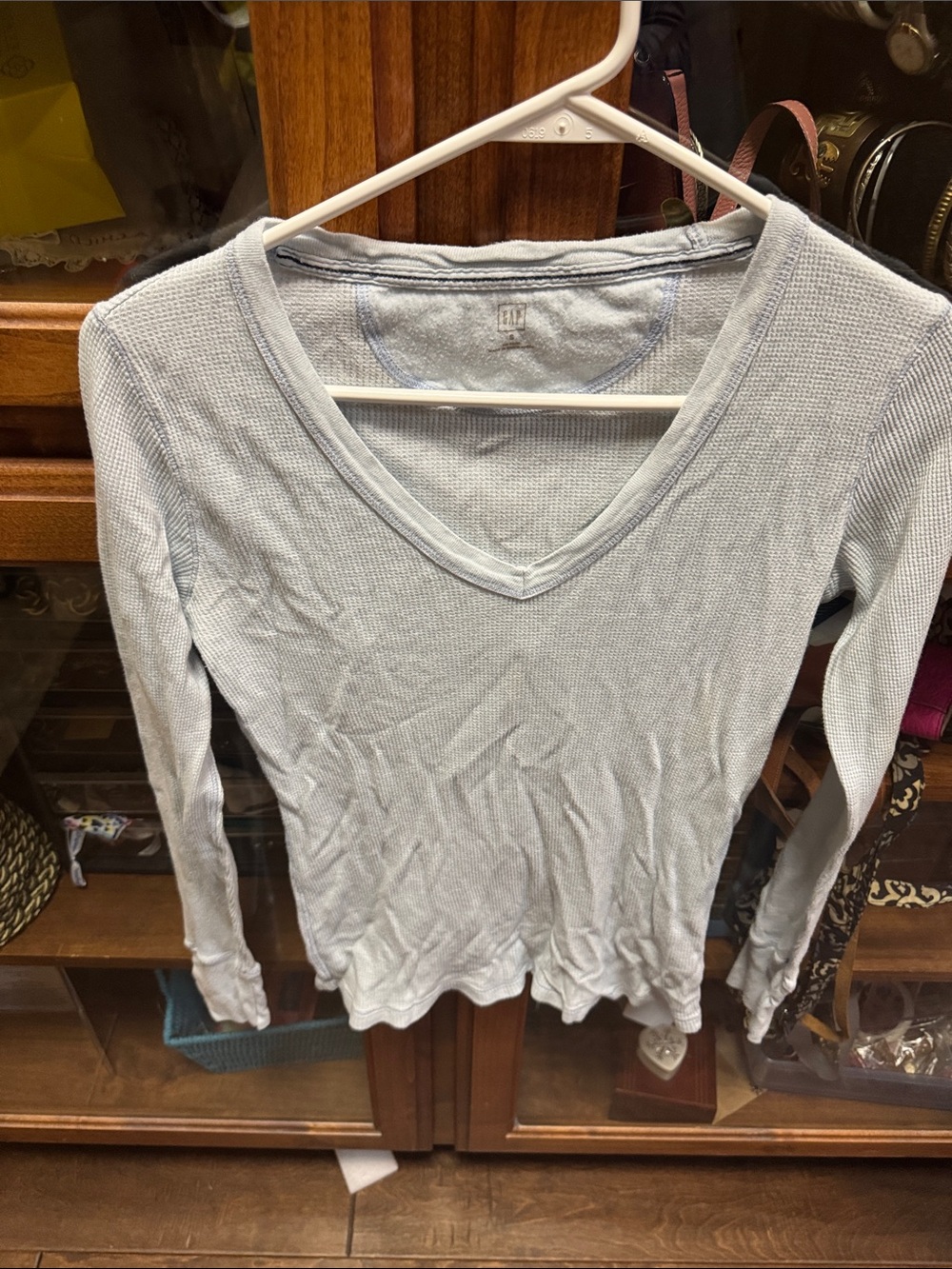 GAP Light Blue V-Neck waffle pattern Long Sleeve Top